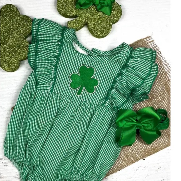 Other - Green Gingham Shamrock Baby Bubble Romper - Kids Shirts & Tops
